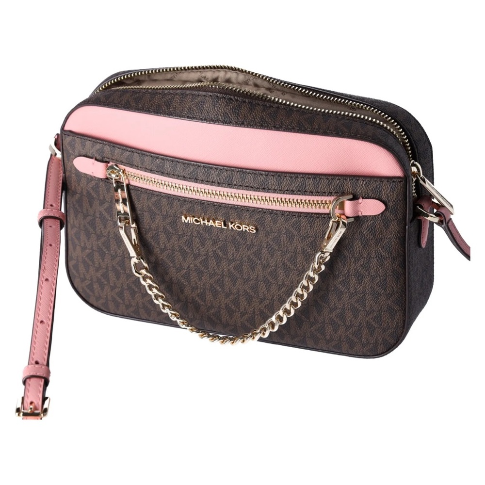 Michael Kors Jet Set Large East West Chain Crossbody Brown MK Primrose Pink - Picture 5 of 9